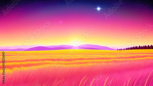 Field of warm pink and yellow grass under a shining star. Generative AI