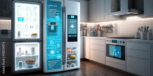 Kitchen with appliances connected to smart home system, concept of Automated Cooking, created with Generative AI technology