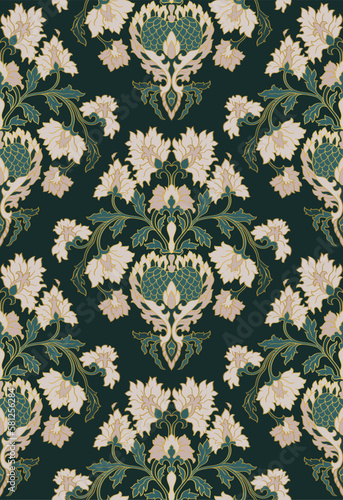 Seamless pattern with ornamental flowers. Green and beige floral damask ornament. Background for a wallpaper, textile, carpet and any surface.  photo