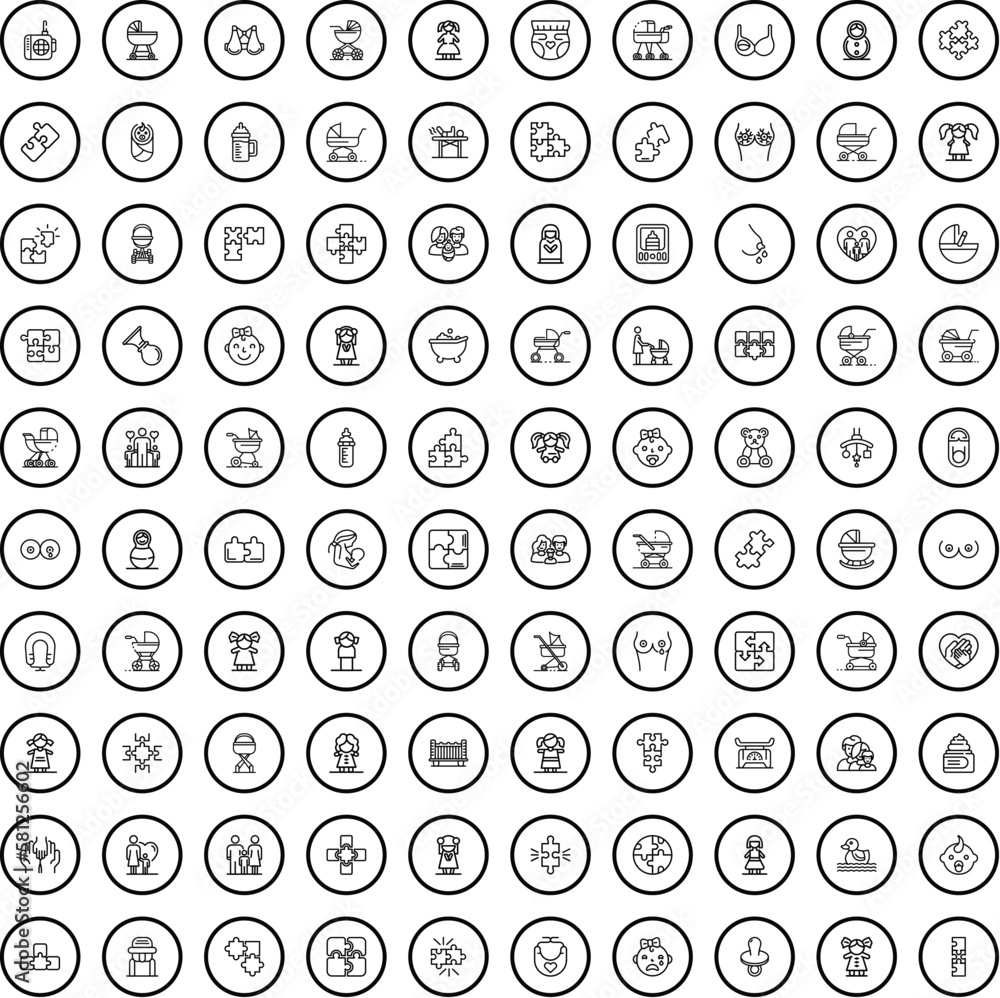 100 baby icons set. Outline illustration of 100 baby icons vector set isolated on white background 100 baby icons set. Outline illustration of 100 baby icons vector set isolated on white background