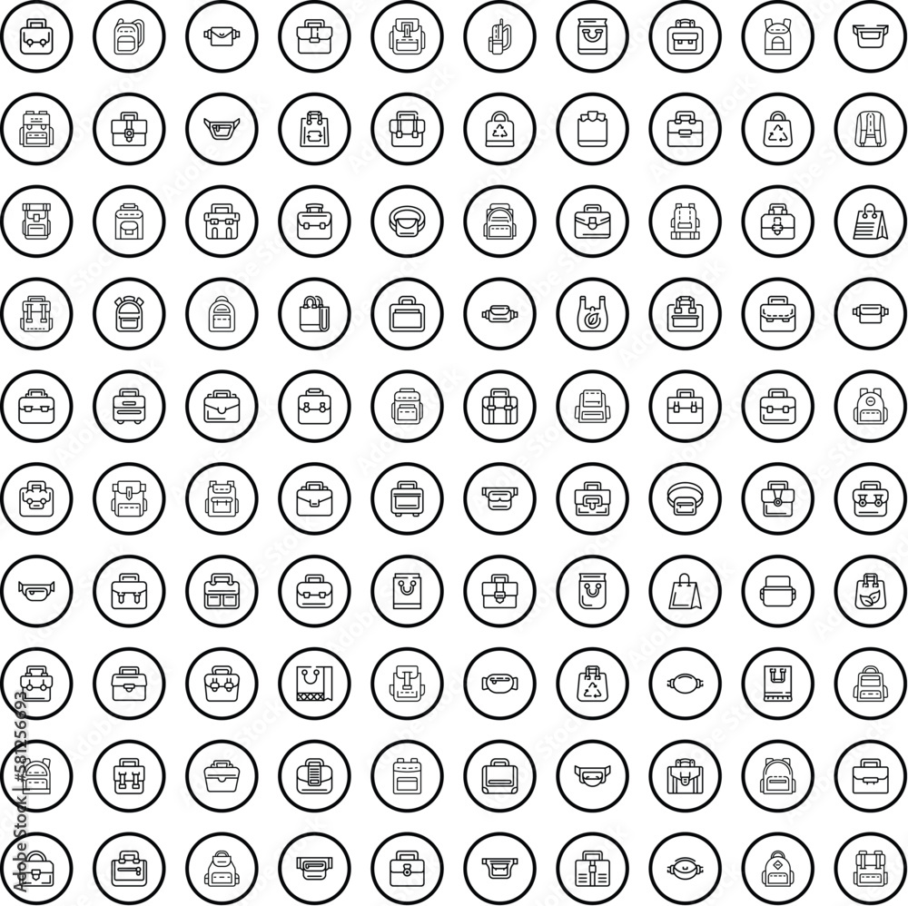 100 bag icons set. Outline illustration of 100 bag icons vector set isolated on white background