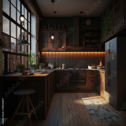 3d rendering modern dark wood kitchen Generative AI