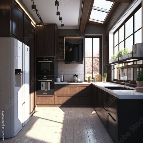 3d rendering modern dark wood kitchen Generative AI