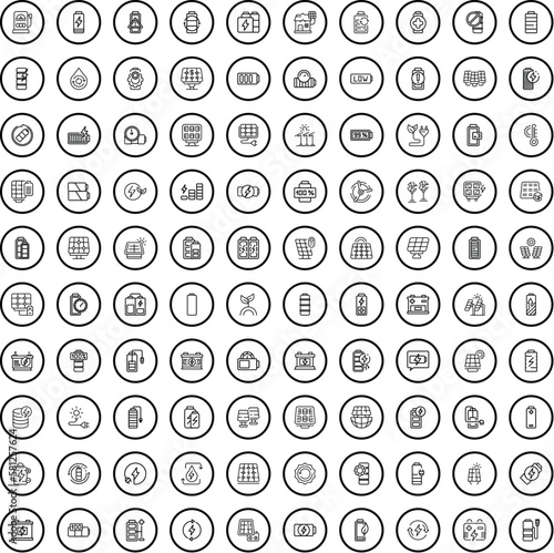 100 battery icons set. Outline illustration of 100 battery icons vector set isolated on white background