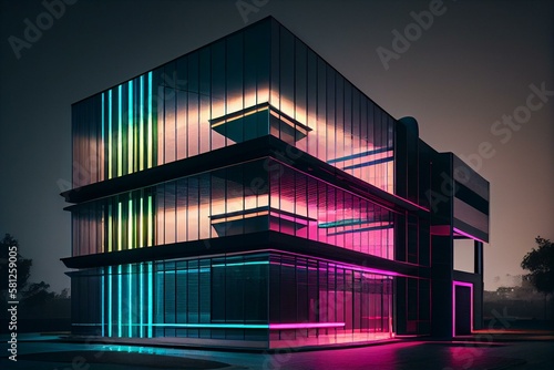 A sleek and modern office building with neon accents. Generative AI © Denis Yevtekhov