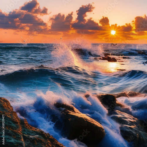 Sunset wave splash summer background with generative ai © 2207918