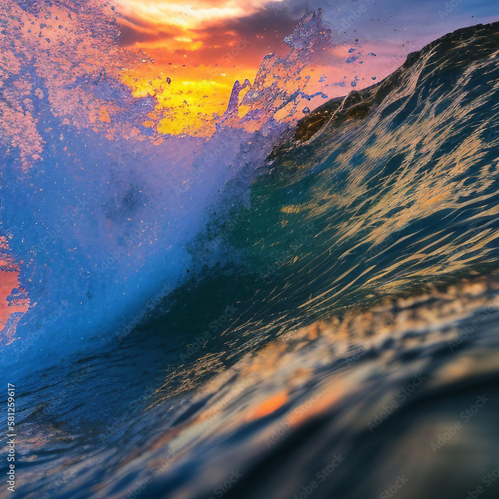 Sunset wave splash summer background with generative ai