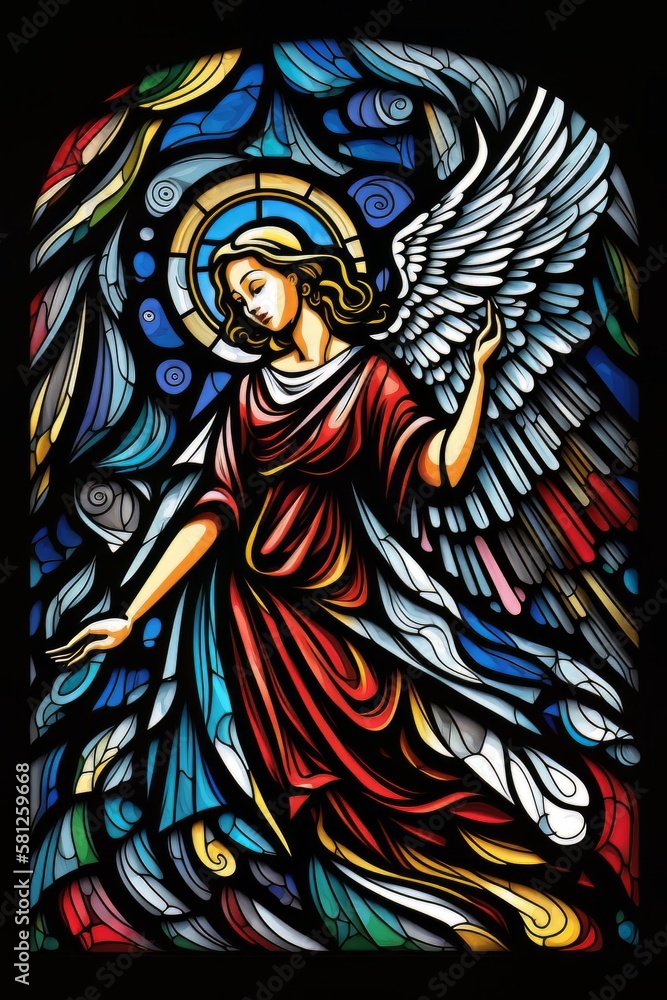 Beautiful Digital Illustration of an Abstract Stained Glass Window, Colorful, with an Angel Design. Made in part with generative AI.
