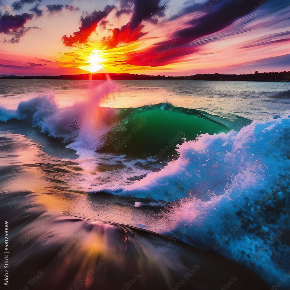 Sunset wave splash summer background with generative ai