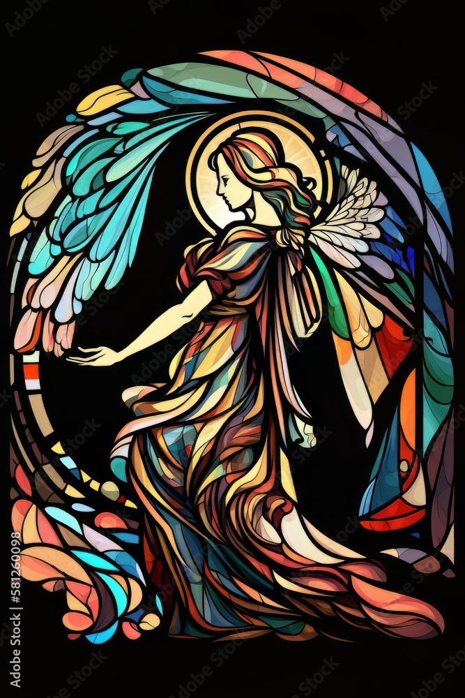 Beautiful Digital Illustration of an Abstract Stained Glass Window, Colorful, with an Angel Design. Made in part with generative AI.
