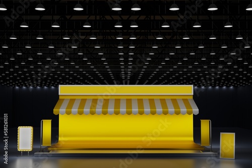 Yellow booth exhibition stand display mockup design for event trade fair show in exhibition hall, 3D rendering.