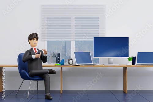 Happy young businessman relaxing working in office, 3D rendering.