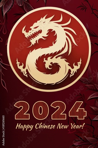 Happy Chinese New Year 2024  year of Wooden Dragon  Ai generative dragon circular medallion in red and gold