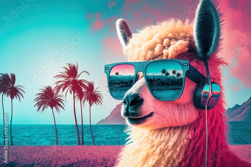 Funky lama character in mirror sunglasses synthwave style, 80s vibe, AI generative photo