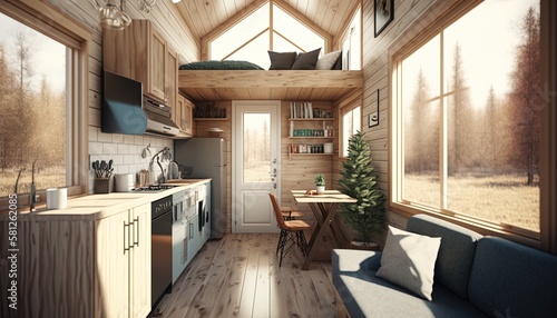 Tiny house interior with warm wooden decor, light and airy, AI generative