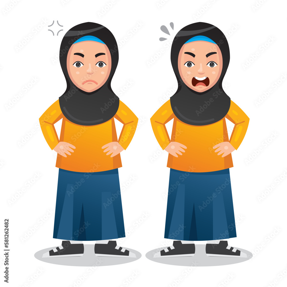 cute little hijab girl stand and show angry pose expression cute little hijab girl stand and show angry pose expression