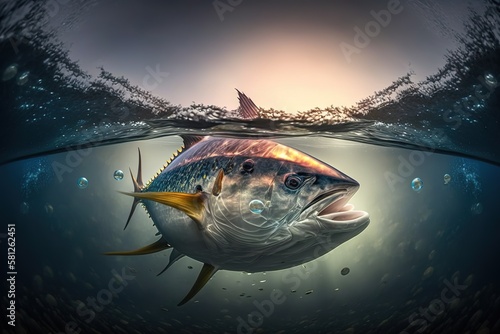 Large tuna fish underwater  split frame  AI generative