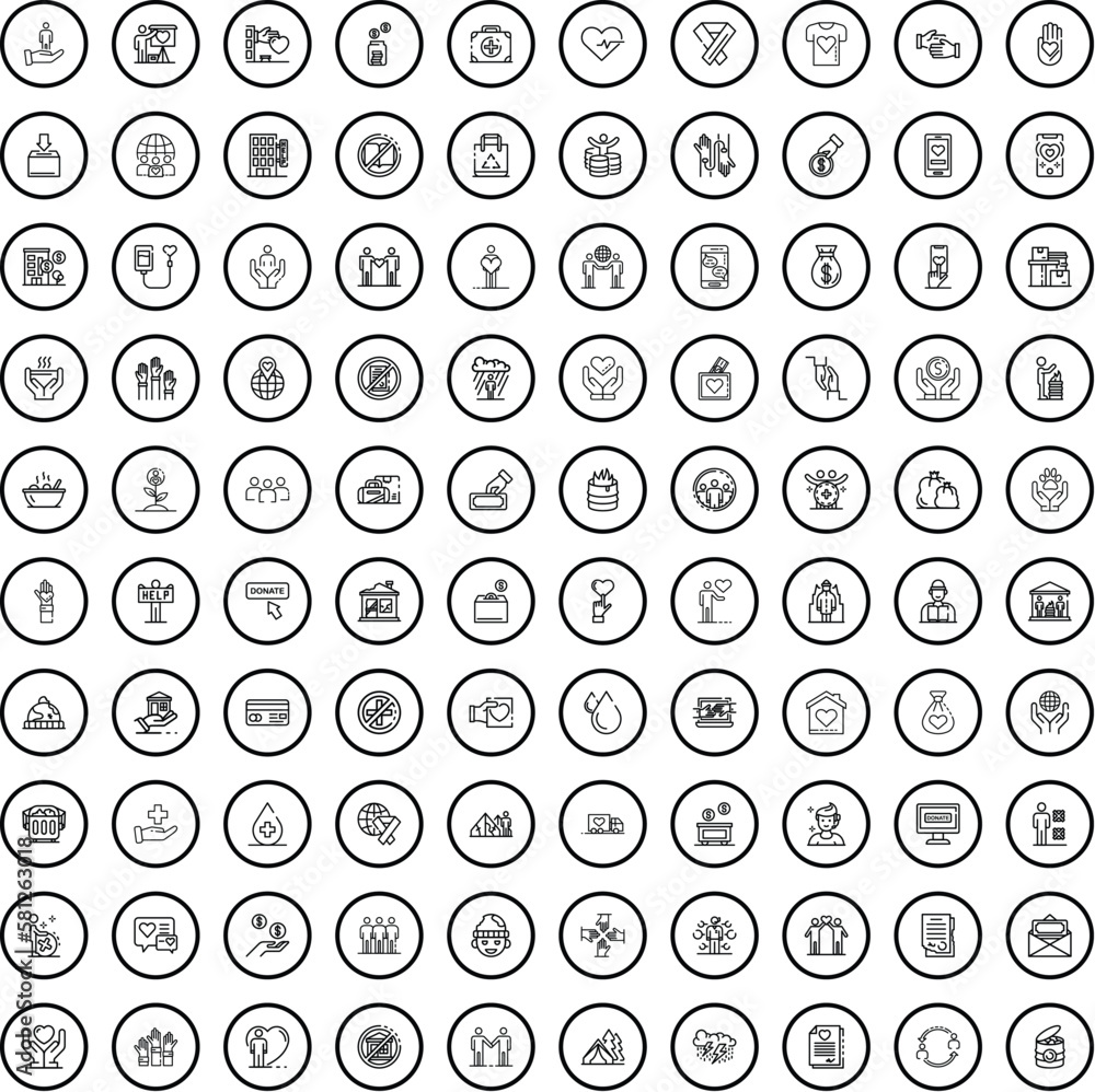 100 charity icons set. Outline illustration of 100 charity icons vector set isolated on white background
