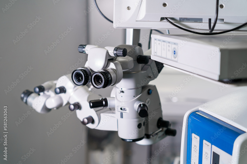 Surgical microscope in an ophthalmological clinic. Microsurgical optical equipment