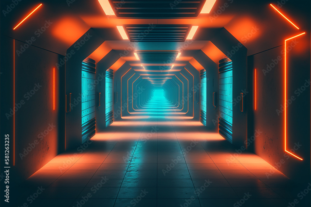Neon, glowing, blue, orange, cyber, retro, Sci fi, futuristic, Concrete, Glossy, Grunge, tunnel, underground, corridor, hallway, basement, hangar, showcase, showroom, made with Generative AI