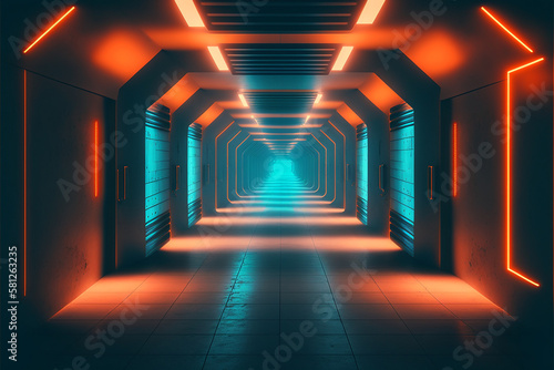 Neon, glowing, blue, orange, cyber, retro, Sci fi, futuristic, Concrete, Glossy, Grunge, tunnel, underground, corridor, hallway, basement, hangar, showcase, showroom, made with Generative AI
