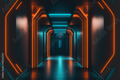 Neon  glowing  blue  orange  cyber  retro  Sci fi  futuristic  Concrete  Glossy  Grunge  tunnel  underground  corridor  hallway  basement  hangar  showcase  showroom  made with Generative AI
