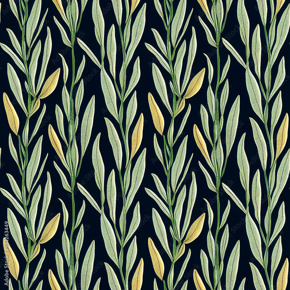 Obraz premium Beautiful hand painted gouache style various leafs seamless pattern design. Seamlessly tillable fresh background, perfect for various digital project and printed media like scrapbooking, packaging.