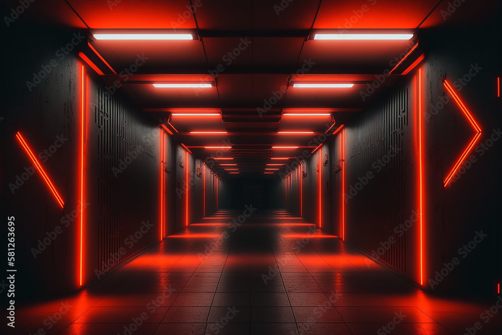 Neon, glowing, red, orange, cyber, retro, Sci fi, futuristic, Concrete, Glossy, Grunge, tunnel, underground, corridor, hallway, basement, hangar, showcase, showroom, made with Generative AI