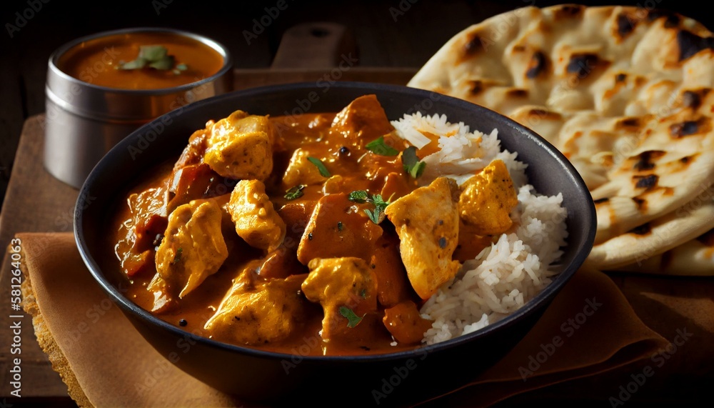 A bowl of spicy chicken curry with rice and naan bread Generative AI A bowl of spicy chicken curry with rice and naan bread Generative AI
