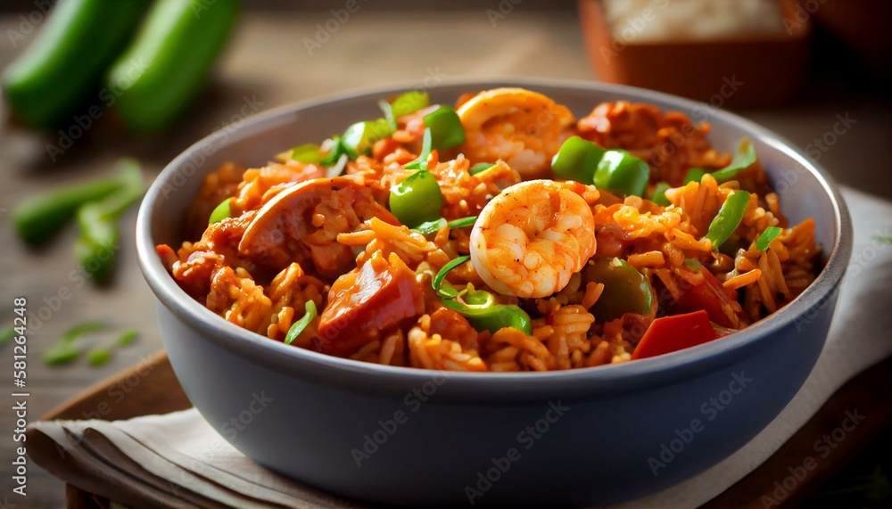 A bowl of spicy jambalaya with andouille sausage and shrimp Generative AI A bowl of spicy jambalaya with andouille sausage and shrimp Generative AI