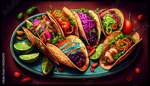A platter of colorful tacos with salsa and guacamole Generative AI