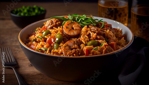 A bowl of spicy jambalaya with andouille sausage and shrimp Generative AI