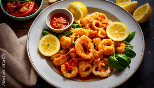 A plate of crispy fried calamari with lemon wedges and marinara sauce Generative AI