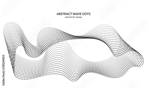 Abstract wave dotted element for design. Stylized line with dot on art background. Waves range with lines dots. Digital frequency track equalizer. Curved smooth wavy string. Vector illustration.