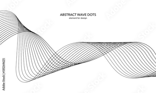 Abstract wave dotted element for design. Stylized line with dot on art background. Waves range with lines dots. Digital frequency track equalizer. Curved smooth wavy string. Vector illustration.