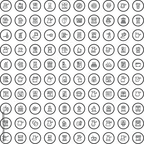 100 coffee icons set. Outline illustration of 100 coffee icons vector set isolated on white background