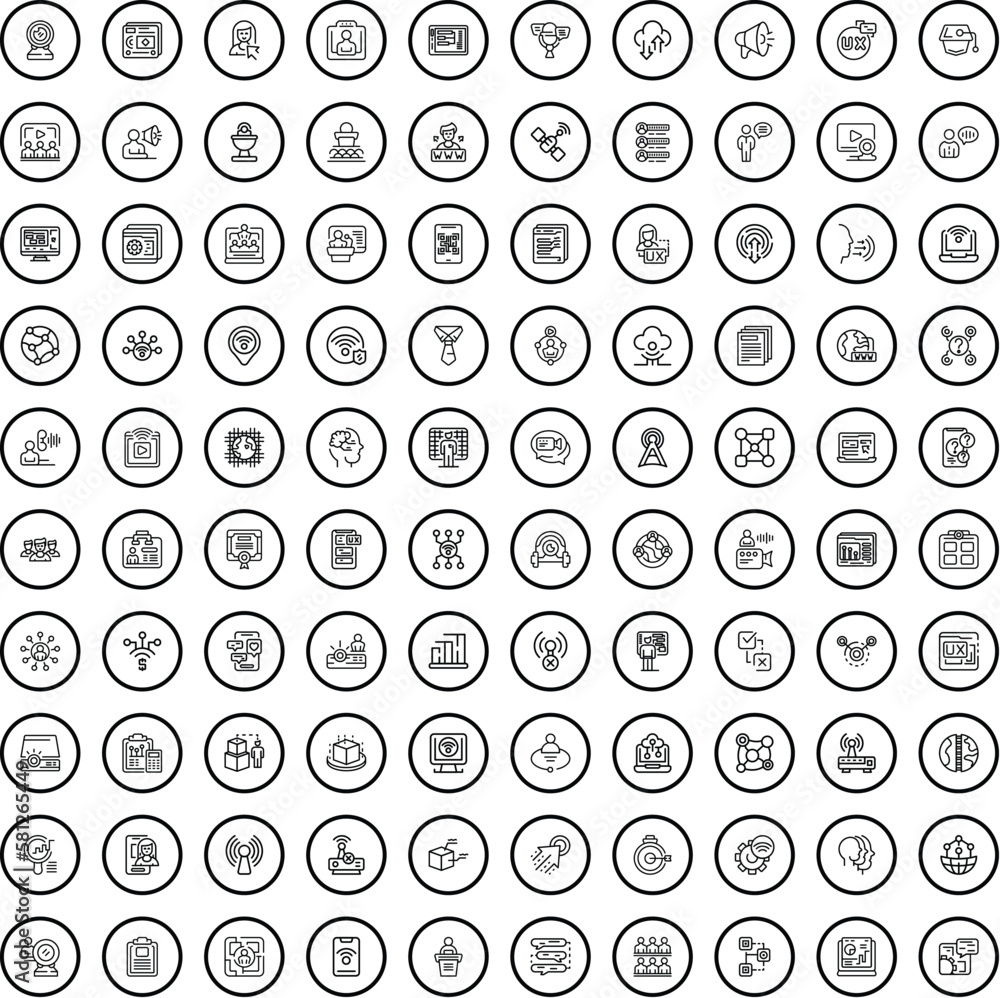 100 communication icons set. Outline illustration of 100 communication icons vector set isolated on white background 100 communication icons set. Outline illustration of 100 communication icons vector set isolated on white background