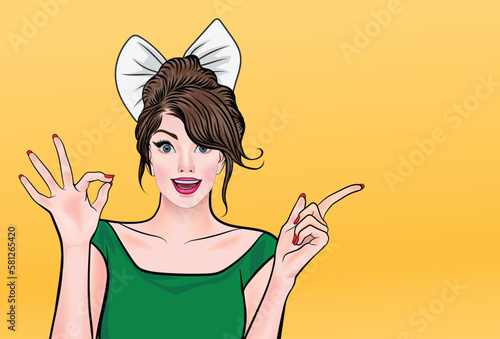 Pop art sexy woman showing ok sign, party or birthday greeting card with pretty blonde girl in vintage hollywood cartoon illustration.