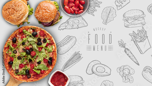 Top view of fast food on black background