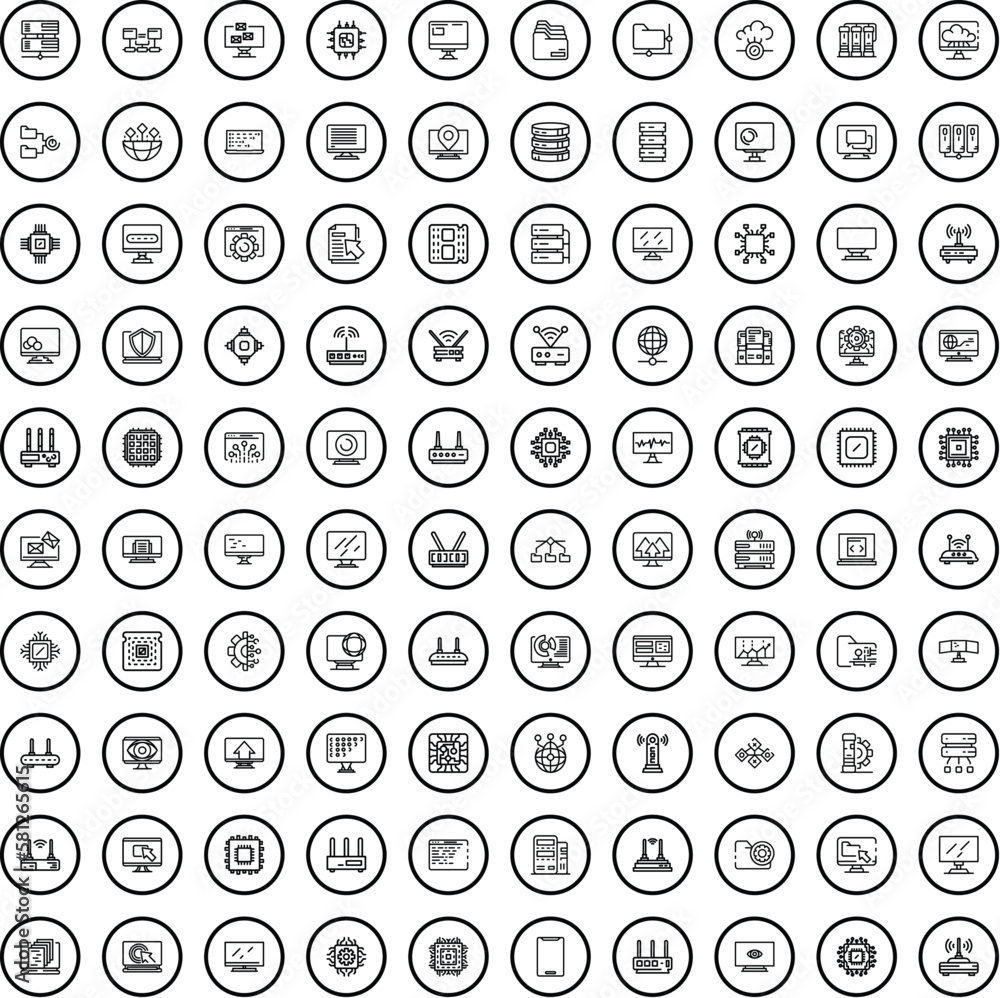 100 computer icons set. Outline illustration of 100 computer icons vector set isolated on white background
