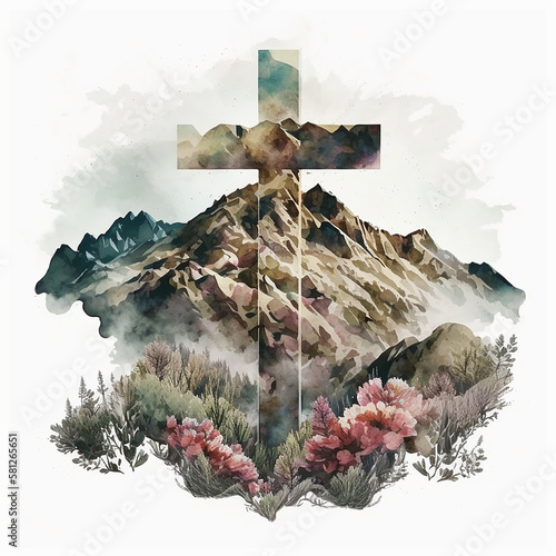 Fotografia Double exposure of Christian cross on rocky hillside