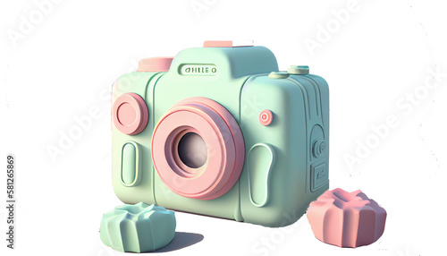 Low-poly pastel-colored digital camera on white background with copy space. Minimalist and trendy design for photography and technology themes. Generative AI