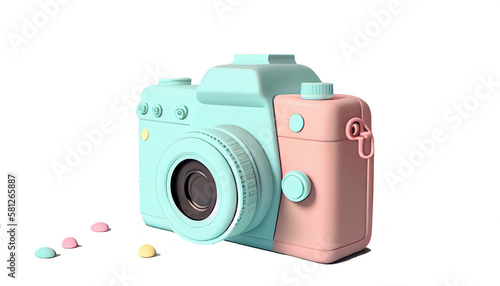 Low-poly pastel-colored digital camera on white background with copy space. Minimalist and trendy design for photography and technology themes. Generative AI