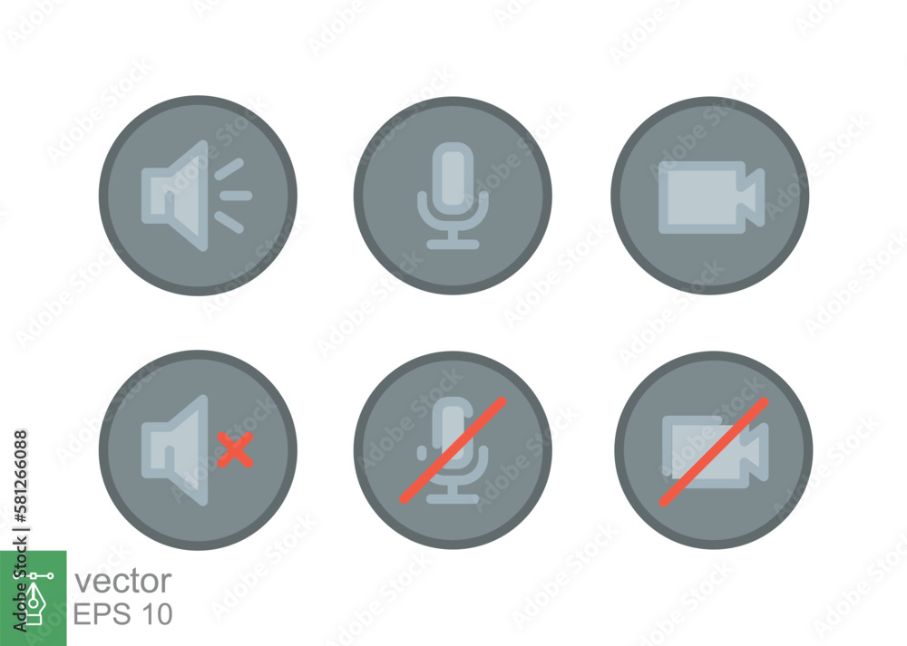 Speaker, Mic and Video Camera icon set. Simple filled outline style for Video Conference, Webinar and Video chat. Microphone, audio, sound, mute, off concept. Vector illustration isolated. EPS 10. Speaker, Mic and Video Camera icon set. Simple filled outline style for Video Conference, Webinar and Video chat. Microphone, audio, sound, mute, off concept. Vector illustration isolated. EPS 10.