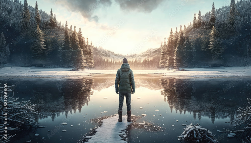 Rear view of man looking on a frozen lake surrounded by forest in snow created with generative AI technology