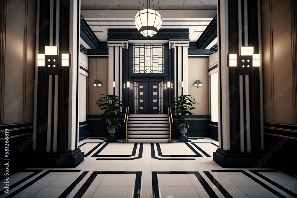Fototapeta premium Ornate foyer of an art deco geometric style building from 1920's. Generative AI.