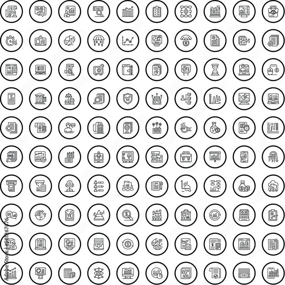100 data analysis icons set. Outline illustration of 100 data analysis icons vector set isolated on white background 100 data analysis icons set. Outline illustration of 100 data analysis icons vector set isolated on white background