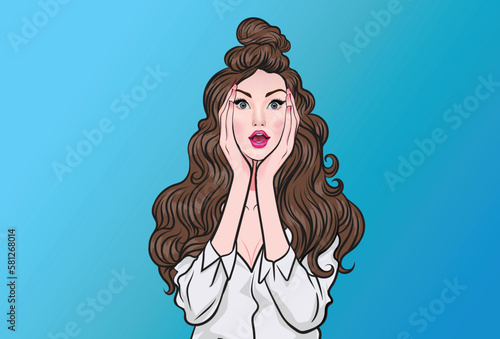 Shocked beautiful woman gaping mouth on yellow background, positive expression of human emotion in Vector cartoon style