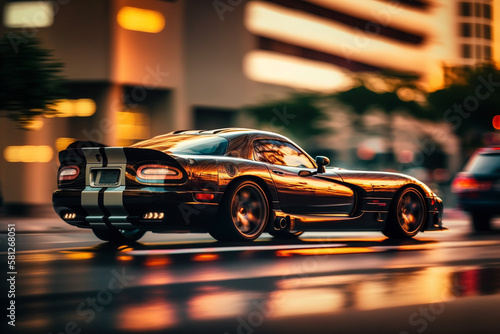 Photorealistic ai artwork concept of a stylish muscle car driving fast on reflective, modern roads and streets. Generative ai. © JG Marshall