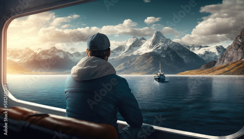 Rear view of man looking at mountain view while sitting on boat created with generative AI technology